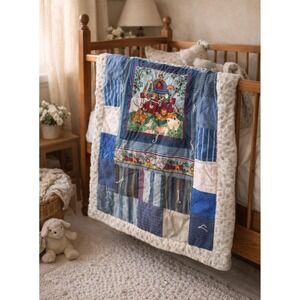 Vintage Noahs Ark Patchwork Baby Quilt Blue Nursery OS Cottagecore Minimalist